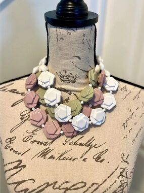 Angela Caputi Vintage Italian Resin Triple Strand Necklace Pink Green White 18”